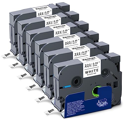 6x XemaX Kompatibel TZe-221 9mm Brother Ersatz für Brother TZe-221 9mm Schriftband P-Touch Tape Weiß, Brother TZe-221 TZe 221 TZe221 AZe-221 für Brother P-Touch PT-H107B PT-D600 PT-D450 PT-D400VP von XemaX