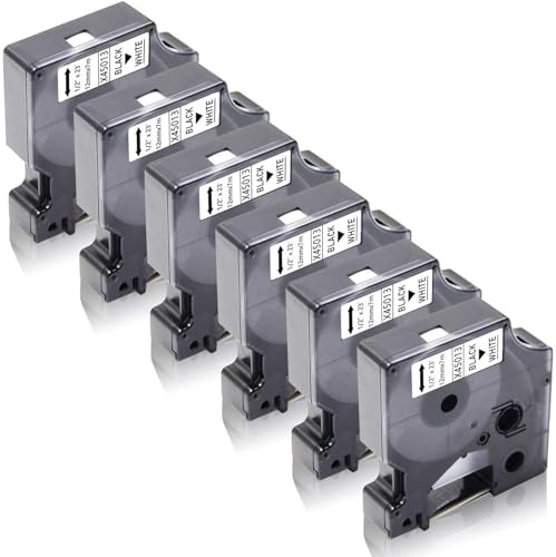 6x XemaX Schriftbänder Kompatibel für Dyno Etikettenband 12mm x 7m D1 45013 A45013 S0720530 für Dyno Beschriftungsgerät Dyno Label Manager 160 280 210D 360D 420P LabelPoint 100 200, Schwarz auf Weiß von XemaX