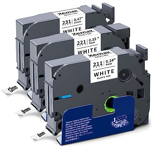 Xemax Kompatibel TZe 6mm 9mm 12mm Schwarz auf weiß Etikettenband Ersatz für Brother Tze-211 Tze-221 Tze-231 Kassette Bänder für PT-H107B PT-P300BT PT-D210VP PT-D600VP PT-H105 PT-H100LB, 3er-Pack von XemaX
