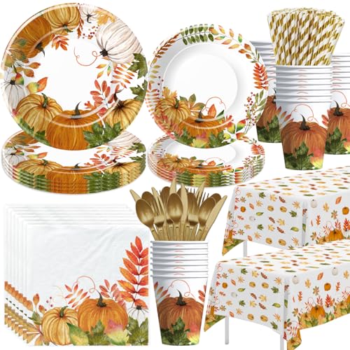 Xenorik Thanksgiving Party Dekorationen Geschirr, Herbst Herbst Blätter Kürbis Thema Thanksgiving Pappteller und Servietten Party Supplies, Teller, Tasse, Serviette, Tischdecke, Einwegbesteck, Serves von Xenorik