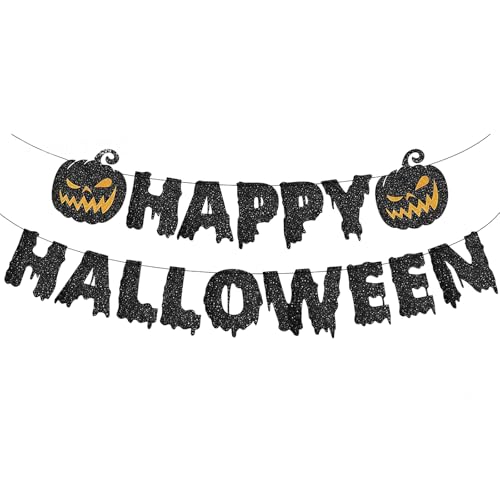 Happy Halloween Banner Dekorationen Schwarz Glitzer Kürbis Girlande Banner Halloween Vorbespannt Kindergarten Hängende Dekoration für Halloween Festival Party Supplies von Xepeelo