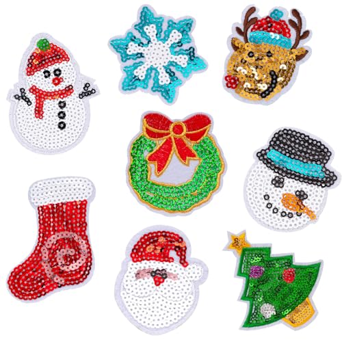 Weihnachts-Bügelflicken mit Glitzer-Pailletten, bestickte Applikation, Schneeflocke, Weihnachtsmann, sortiert, Reparaturflicken für Winter, Weihnachten, Partyzubehör, Kleidung, Taschen, Hüte von Xepeelo