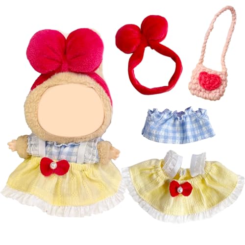 17 cm Süße Kleidung für Puppe, 4 pcs Plüsch Puppen Kleidung Blau Kariertes Oberteil+Gelber Rock+Kopfschmuck Mit Roter Schleife+Rosa Tasche, Prinzessinnen Stil Frühlings und Sommer Star-Puppenkleidung von Xerteam