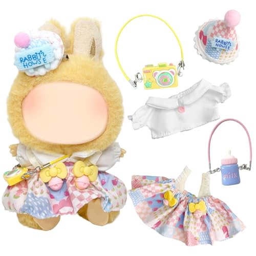 17 cm Süße Puppenkleidung, 4 pcs Plüsch Puppen Kleidung, Weißes Hemd + Bunter Overall + Eiscreme Kopfschmuck + Gelbe Tasche + Blaue Milchflasche, Puppen Kleidungs Geschenke im Prinzessinnenstil von Xerteam