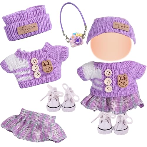 17cm Plüsch Puppenkleidung Set, Kleidung für 17cm Puppe, 5 Stück Mini Plüsch Puppenkleidung Outfit, Kameraanhänger, Segeltuchschuhe, Strickmütze, Pullover, Rock, Geeignet für Mädchen und Sammler von Xerteam