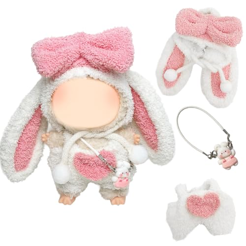 17cm Plüsch Puppenkleidung, 17cm Hasen-Strampelanzug, Kleidung für 17cm Mini Plüsch Puppe mit Weiße Hasenmütze mit Schleife, Weißer Overall und Hasentasche, für Jungen Mädchen Geschenke(Ohne Puppe) von Xerteam