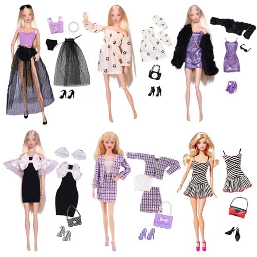 18 Stück Kleidung und Zubehör für 11,5 Zoll Puppen, Kompatibel mit Barbie, Exquisiter Stil mit 1 Lila Strapsrock 1 Modisches Gazerock 1 Elegantes Lila Karo Set 3 Kleid 2 Zubehör 4 Taschen 6 Schuhe von Xerteam