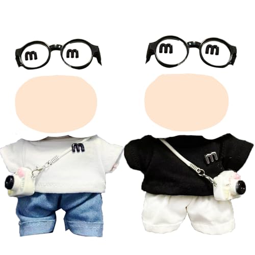 2 Set Kleidung für 17cm Plüschpuppe, 2 Oberteile 2 Hosen 2 Anhänger 2 Brillen Puppenkleidung Zubehör Set, Schwarz-weißes Premium Outfit (Ohne Puppe) von Xerteam