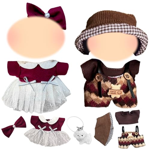 2 Sets 17cm Plüschpuppen Kleidung, 17cm Puppen Kleidung mit Burgunderfarbenes Kleid + Rote Haarnadel + Braunes Oberteil + Braunen Overall + Karierte Mütze + Weißen Welpen, Geschenk Kinder Ohne Puppe von Xerteam