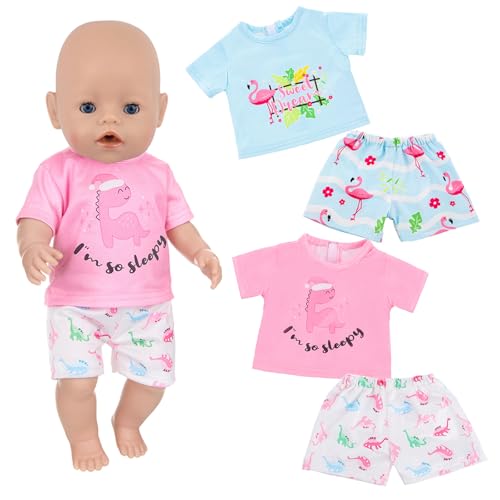 2 Sets Puppenkleidung für 35-45cm Babypuppen, Baby Puppen Pyjama Kleidung Tierthema, 14-18 Zoll, Rosa Dinosaurier Puppen Outfit für Jungen Mädchen Geschenk von Xerteam