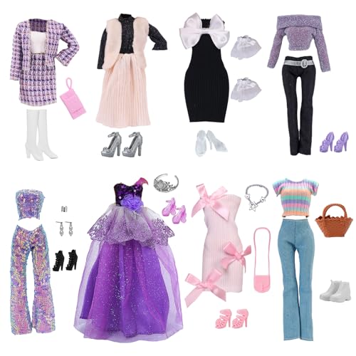 25 Puppen Kleidung und Zubehör, Kompatibel mit Barbie 1 Abendkleider 1 Fashion Set 1 Paillettenanzug 1 Pulloveranzug 3 Kleider 3 Handtasche 8 Schuhe 1 Krone 3 Zubehör, für 11,5 Zoll Puppen von Xerteam