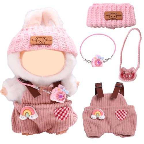 4 Stück Puppe Kleidung Kompatibel mit Labubu, 17cm Puppen Kleidung Rosa Overall Wollkapuze Anhänger, Plüschpuppen-Kleidungs für Jungen Mädchen von Xerteam
