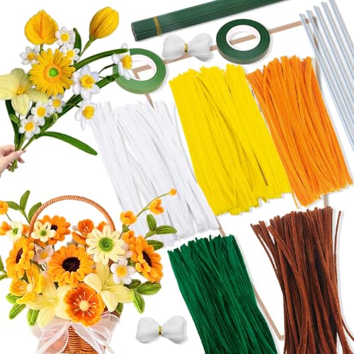 449 Stück Sonnenblume Pfeifenreiniger Blumen Set, Pipe Cleaner Flower Set mit 400 Chenilledraht Gelb, Orange, Braun, Grün, Weiß, 49 Basteldraht+Geschenkpapier+Geschenkband, Pfeifenreiniger zum Basteln 449 Stück Sonnenblume Pfeifenreiniger Blumen Set, Pipe Cleaner Flower Set mit 400 Chenilledraht Gelb, Orange, Braun, Grün, Weiß, 49 Basteldraht+Geschenkpapier+Geschenkband, Pfeifenreiniger zum Basteln von Xerteam
