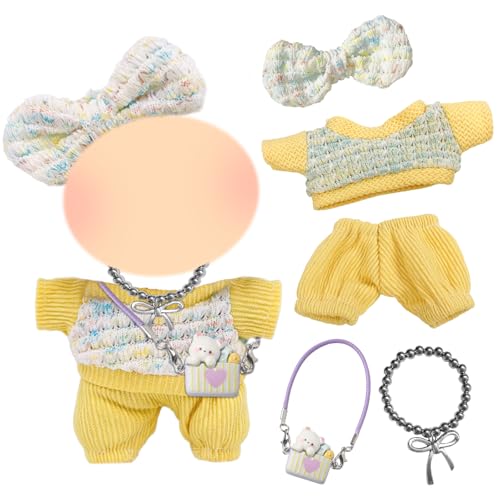 5 Stück Kleidung 17cm Plüsch Puppe, 17cm Puppe Outfit Zubehör mit 1 Gelbes Strickoberteil 1 Gelbe Hose 1 Bunte Haarnadel mit Schleife 1 Halskette 1 Lila Hasenanhänger, Kinder Geschenke Keine Puppe von Xerteam