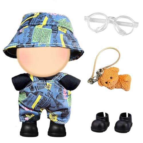 5 Stück Kleidung für 17cm Plüsch Puppen, 17cm Modische Plüsch Puppen Zubehör mit Blauer Trendiger Overall + Schwarzes Oberteil + Mütze + Schuhe + Welpe (Ohne Puppe) von Xerteam