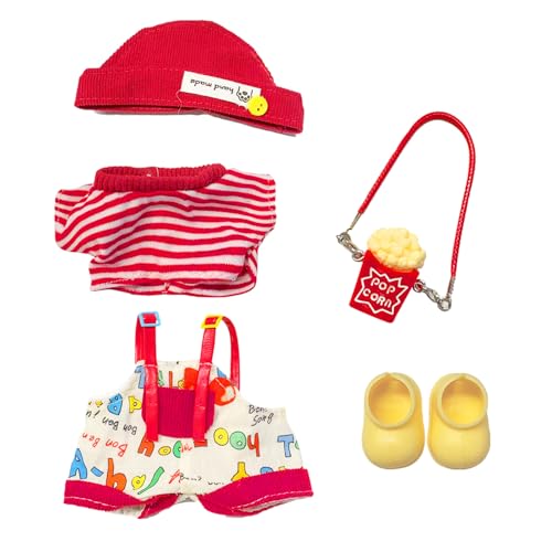 5 Stück Kleidung für 17cm Plüsch Puppen, Roter Modische Kleidung fur 17 cm Puppen mit Roter Overall + Rot-weiß Gestreiftes Oberteil + Mütze + Schuhe + Tasche, Jungen Mädchen Geschenke (Ohne Puppe) von Xerteam