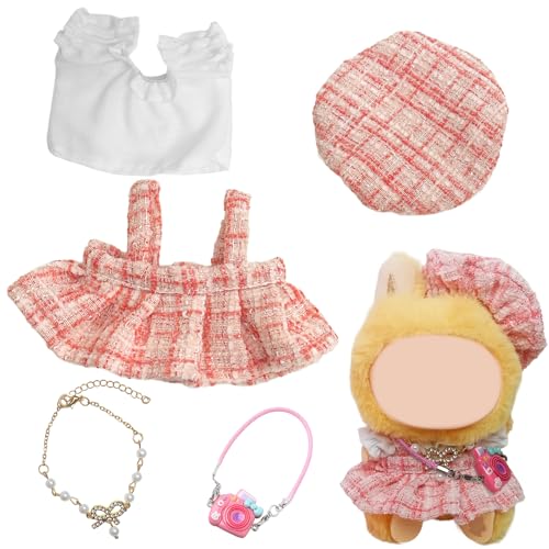 5 Stück Kleidung für 17cm Plüsch Puppen, Top + Overallrock + Baskenmütze + Perlenkette + Kameraanhänger, Elegant Puppenkleidung und Zubehör für Jungen und Mädchen DIY Puppen Geschenke von Xerteam