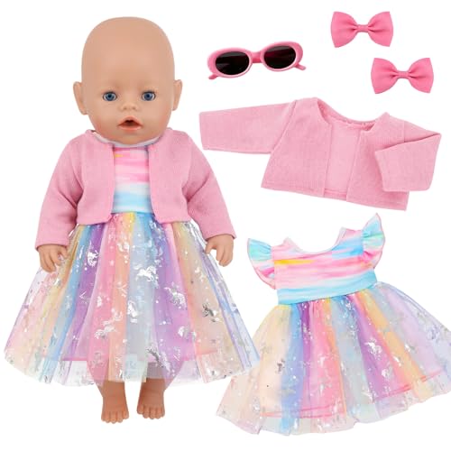 5 Stück Süßes Puppenkleidung für Baby Puppen, 14-18 Zoll Baby Puppen Kleidung mit Rosa Regenbogen Tüllrock Rosa Jacke Stirnband mit Brille und Schleife, Puppenkleidung 35-43cm Outfit von Xerteam