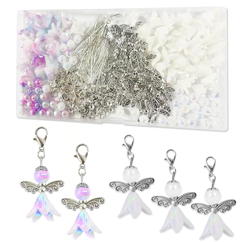 50 Sets Schutzengel Selber Machen Set Engel Anhänger Perlen Handwerk Zubehör, Perlenengel Anhänger Basteln Schutzengel Bastelset für DIY Basteln, Charms Anhänger,Schlüsselanhänger Engel (Weiß,Farbig) von Xerteam