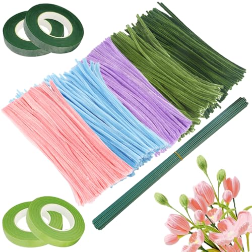 554 Blumen Pfeifenputzer zum Basteln, mit 500 Stück Pfeifenreiniger (5 Farben)+50 Stück Blumendraht Grün+4 Stück Klebeband, Pipe Cleaner Flower Set, Pfeifenreiniger Blumen Blumenstrauß Geschenk von Xerteam