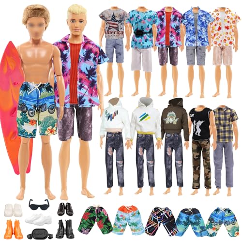 22 Sommer Fashion Kleidung und Zubehör Kompatibel mit 12 Zoll Kenn Puppen, Enthält 7 Bekleidung 7 Paar Hosen 5 Paar Schuhe 1 Surfbrett 1 Brille 1 Tasche, 7 Sets Kleidung Strandsport + Casual Style von Xerteam