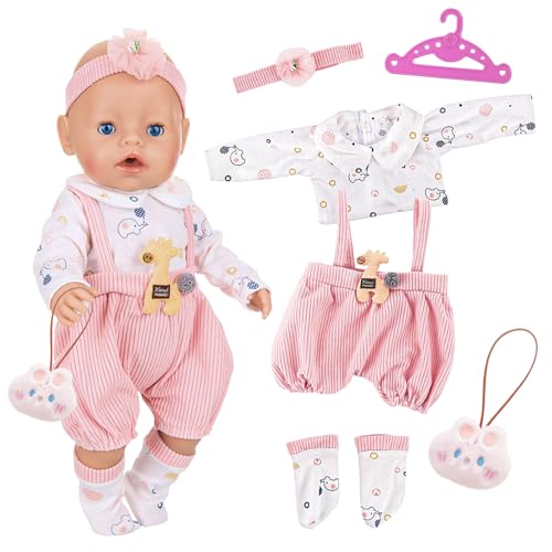 6 Pack Babypuppen Kleidung für 16-18 Zoll Puppen, Rosa Babypuppen Outfits mit Oberteil + Overall + Kopfschmuck + Socken + Kleiderbügel + Anhänger, Süßes Giraffen Puppenkleidung, Geschenk für Mädchen 6 Pack Babypuppen Kleidung für 16-18 Zoll Puppen, Rosa Babypuppen Outfits mit Oberteil + Overall + Kopfschmuck + Socken + Kleiderbügel + Anhänger, Süßes Giraffen Puppenkleidung, Geschenk für Mädchen von Xerteam