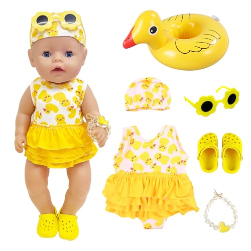 6 Stück Baby Puppen Schwimmset, 14-18 Zoll Sommerliches Enten-Print Puppen Schwimmset, 35-45cm Baby Puppen Kleidung Outfits mit Badeanzug Schwimmring Sonnenbrille Schuhe Armband Geschenke für Kinder von Xerteam