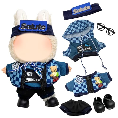 17cm Plüsch Puppenkleidung, 17cm Plush Pullover Hoodie Bekleidung, Modisches blau Kariertes Puppenkleidungsset, 17cm Puppenkleidung für Kleidung, 17cm Passende Kleidung für Plüsch Puppen(ohne Puppe) von Xerteam