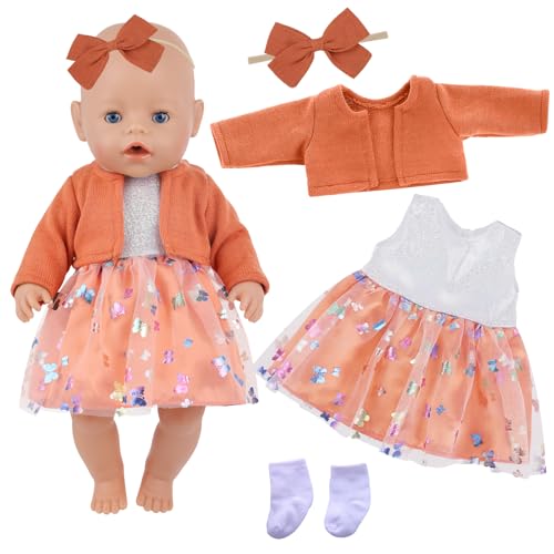 Baby Puppen Kleidung für 14-18 Zoll Babypuppen, 4 Stück Orange Farbe Puppenkleidung Outfits mit Orangefarbenen Mantel Tüllrock Haarband Socken für 43 cm Puppen, 35-43cm Süßes Puppenkleidungs von Xerteam