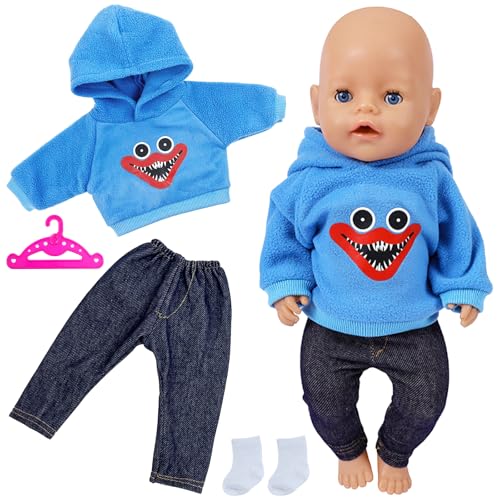 Baby Puppen Puppenkleidung 35-43 cm, Kleidung Outfits für Baby Puppen, 1 Animal Element Kapuzensweatshirt+ 1 blau Hose + 1 Paar Socken +1 Hänger, Puppenkleidungsset Geschenk für Kinder Mädchen Jungen von Xerteam