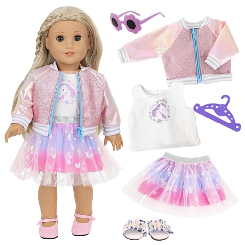 Babypuppenkleidung für 14-18 Zoll Puppen - süße kurze Bluse, rosa Tüllrock, coole Jacke, Brille, Schuhe, Kleiderbügel (Puppe nicht enthalten) von Xerteam