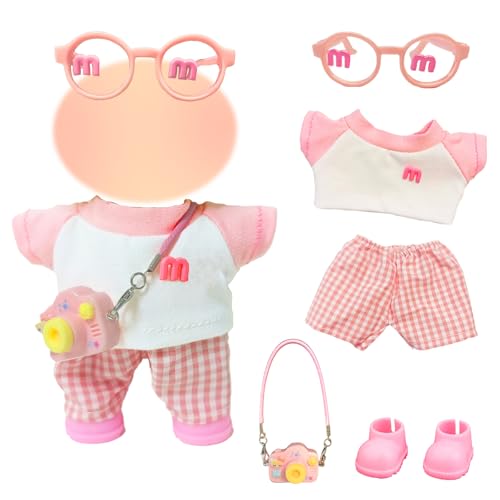 Kleidung für 17cm Plüschpuppe, 17cm Plüsch Puppenkleidung mit Rosa Weißen Oberteil+Rosa Karierten Hose+Rosa Cartoon Kamera+Rosa Brille+Rosa Schuhen, Geschenk für Jungen und Mädchen(Ohne Puppe) von Xerteam