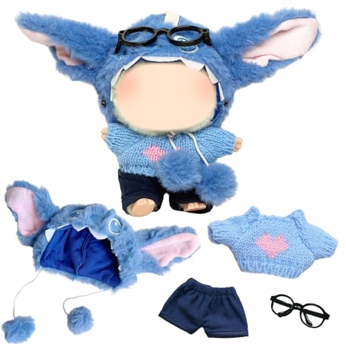 Xerteam Kleidung für 17cm Puppe, 4 Stück Blauer Hund Kopfbedeckung Pullover Hose Brille, Plüsch Puppe Zubehör Kleidungsset, Junge und Mädchen(Ohne Puppe) von Xerteam