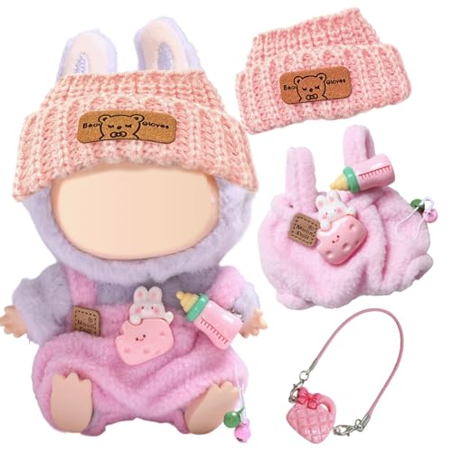 3 Stück 17cm Plüsch Kleidung für Puppen, Rosa Overall mit Milchflaschenclip + Tascheanhänger + Plüschhut, Mode Puppenkleidung und Zubehör für DIY Puppen Geschenke von Xerteam