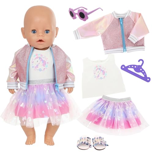 Puppenkleidung für 14-18 Zoll Baby Puppen, 6 Stück Rosa Pony Kleidung Outfits mit Cartoon-Oberteil Ombre-Tüllrock Paillettenjacke Sonnenbrille Kleiderbügel Hausschuhe, Baby Puppen 35-46 cm Kleidung von Xerteam