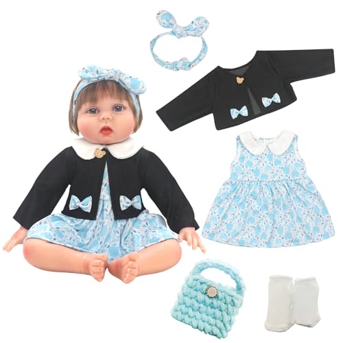 Puppenkleidung für 50-55 cm Baby Puppen, 5 Stück Puppenkleidung Outfit, Blauer Blumenrock, Jeansjacke, Stricktasche, Weiße Socken, Kleidung Zubehör Perfekt für Mädchen und Puppensammler Puppenkleidung für 50-55 cm Baby Puppen, 5 Stück Puppenkleidung Outfit, Blauer Blumenrock, Jeansjacke, Stricktasche, Weiße Socken, Kleidung Zubehör Perfekt für Mädchen und Puppensammler von Xerteam