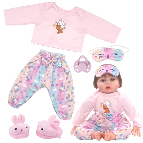 Rosa Pony Puppenkleidung, 6-teilige Puppen Kleidung für 50–55 cm Babypuppen, Pyjama-Set mit langärmligem Oberteil, Schleifenhose, Plüschhasenschuhen, Augenmaske, Schnuller, Geschenk Mädchen Jungen von Xerteam