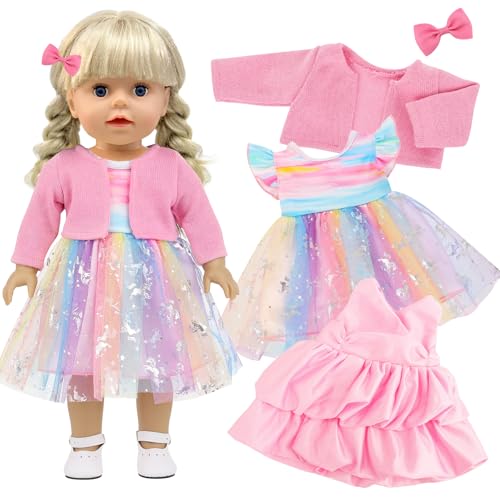 Xerteam 2 Set Puppenkleidung für Baby Puppen 35-43 cm, 1 Rosa Faltenrock 1 Regenbogen Kleid 1 Rosa Jacke 1 Coole Brille 1 Haarnadel, Regenbogenfarbverlauf Klamotten, Fantasiegeschenk für Kinder von Xerteam