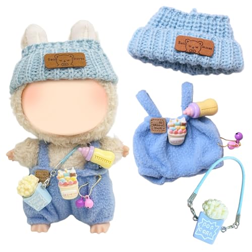 3 Stück 17cm Plüsch Kleidung für Puppen, Blau Overall mit Milchflaschenclip + Popcorn-Anhänger + Plüschhut, Mode Puppenkleidung und Zubehör für DIY Puppen Geschenke von Xerteam