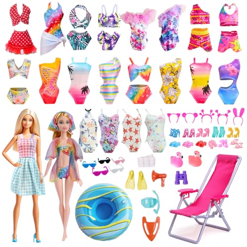 Xerteam 35 Badeanzug Kleidung Set für 11,5 Zoll Mädchen Puppen, Moden Bunte Puppensachen mit 5 Set Bikini 1 Karierter Kleider 1 Tülljacke 8 Paar Schuhe, 14 Tauchzubehör Schwimmreifen Strandstühle von Xerteam