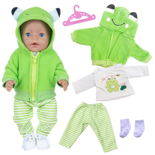 Xerteam 5 Pcs Kleidung für Baby Puppen 36-43 cm, Frosch Puppenkleidung Enthält 1 Grün Kappenjacke 1 Top 1 Streifenförmige Hosen 1 Paar Socken 1 Kleiderständer, Niedliche Tierdrucke Puppensachen von Xerteam