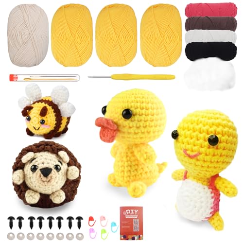 Xerteam Häkelset für Anfänger, DIY-Stricksets, 4-teiliges komplettes Tier-Häkelset für Erwachsene und Kinder, mit Schritt-für-Schritt-Video-Tutorials, Garn-Häkelnadel, tolles Geburtstagsgeschenk von Xerteam