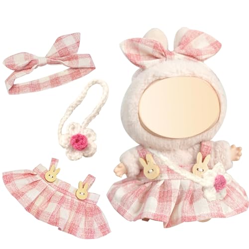 Xerteam Kleidung für 17cm Puppe, 3 Stück Rosa Kariert Puppenkleidung mit Blumentasche, Plüsch Puppe Zubehör Kleidungsset, Junge und Mädchen(Ohne Puppe) von Xerteam