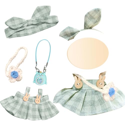 Xerteam Kleidung für 17cm Puppe, 4 Stück Grün Kariert Puppenkleidung mit Blumentasche, Plüsch Puppe Zubehör Kleidungsset, Junge und Mädchen(Ohne Puppe) von Xerteam