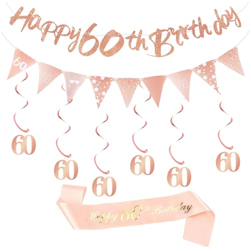 60 Geburtstag Dekorationen, Roségold für Sie 60 Geburtstag Banner mit Glitzer Schärpe Gürtel, Dreieck Wimpelkette Hängende Wirbel Spirale Dekorationen Party Supplies für Frauen (60 60 Geburtstag Dekorationen, Roségold für Sie 60 Geburtstag Banner mit Glitzer Schärpe Gürtel, Dreieck Wimpelkette Hängende Wirbel Spirale Dekorationen Party Supplies für Frauen (60 von Xetpc