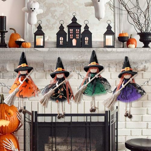 4 Stück Halloween Deko Hexe Puppen, 20cm Halloween Hexe Aufhängbare, hexen Deko Hängende H-exenpuppe Hexen Figure Wichtel Figure Mit Besen Für Tischdeko Party h-alloween deko Innen (A) von Xevinas