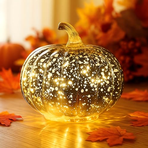 Herbstdeko KüRbis Deko Mit Led Licht, Led KüRbis Batteriebetrieben Hochwertiges Glasdesign, Pumpkin Decor kürbis Beleuchtet Lampe FüR Erntedankfest Halloween Weihnachten Tischdeko Innen Party (C) von Xevinas