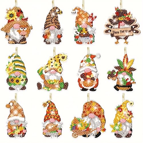 Xevinas 12 Stück Herbstdeko Diamond Painting Schlüsselanhänger, 5D Herbst Wichtel Diamond Painting Hängedeko Herbst, DIY diamond painting Anhänger Kit Erntedankfest Ernte Halloween deko Geschenk von Xevinas