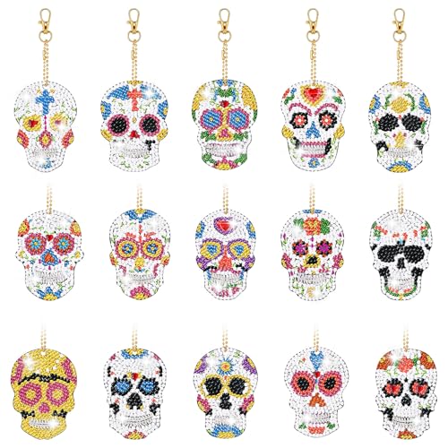 Xevinas 15 Stück Diamond Painting Schlüsselanhänger Halloween Deko, Doppelseitige Totenkopf Deko Diamond Painting Halloween Diamant Malerei DIY Kit, Herbst H-alloween Hängend Deko Geschenk (A) von Xevinas