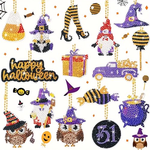 Xevinas 15 Stück Diamond Painting Schlüsselanhänger Halloween Deko, Doppelseitige Totenkopf Deko Diamond Painting Halloween Diamant Malerei DIY Kit, Herbst H-alloween Hängend Deko Geschenk (B) von Xevinas